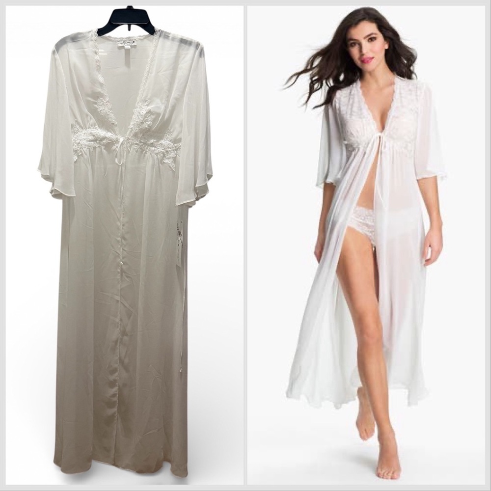 NWT Jonquil White Chiffon Bridal Robe Pearl Beaded Lace Long Wedding Honeymoon L